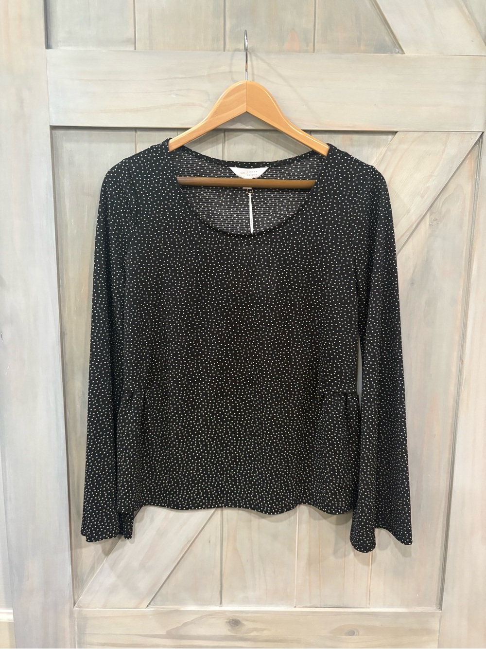 LC Lauren Conrad Black Long-Sleeve Scoop Neck Top with White Micro Dot Pattern